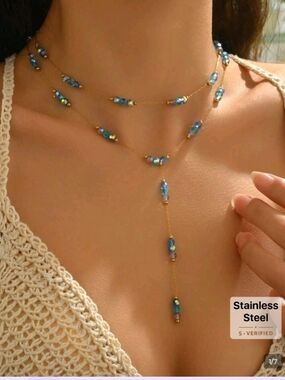 2 PcsGold-Tone  Layered Lariat Necklace with Blue Beads ( Stainless Steel)